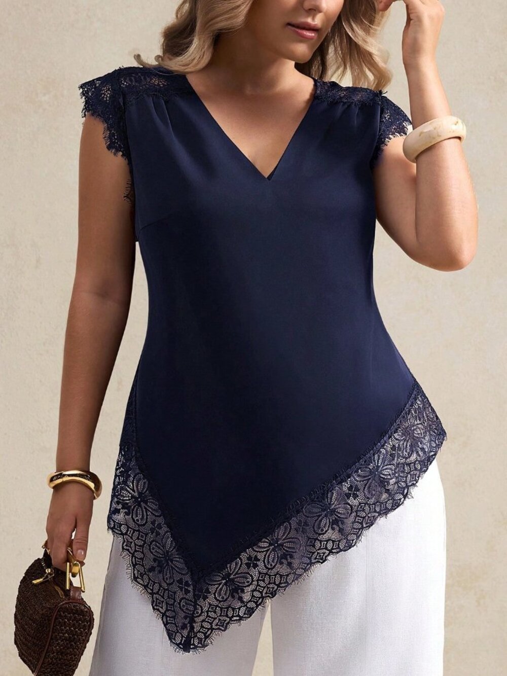 Navy Blue Casual Women's Plants V-Neck Lace Trim Asymmetric Hem Regular Fit Top